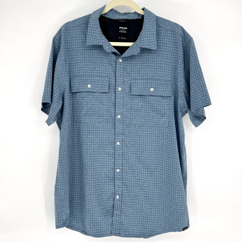 Prana Men’s Shirt Garvan Large Performance Stretch Blue Hiking Utility UPF 30+